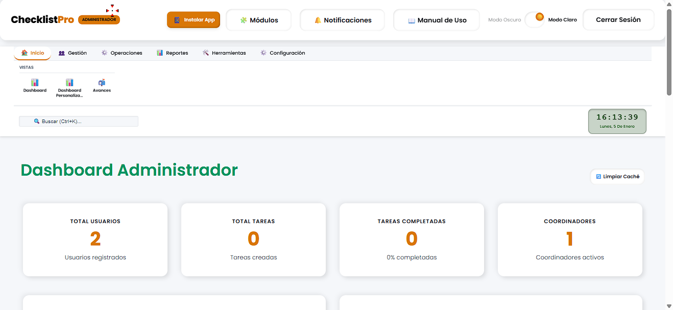 Dashboard ChecklistPro - Vista previa del producto