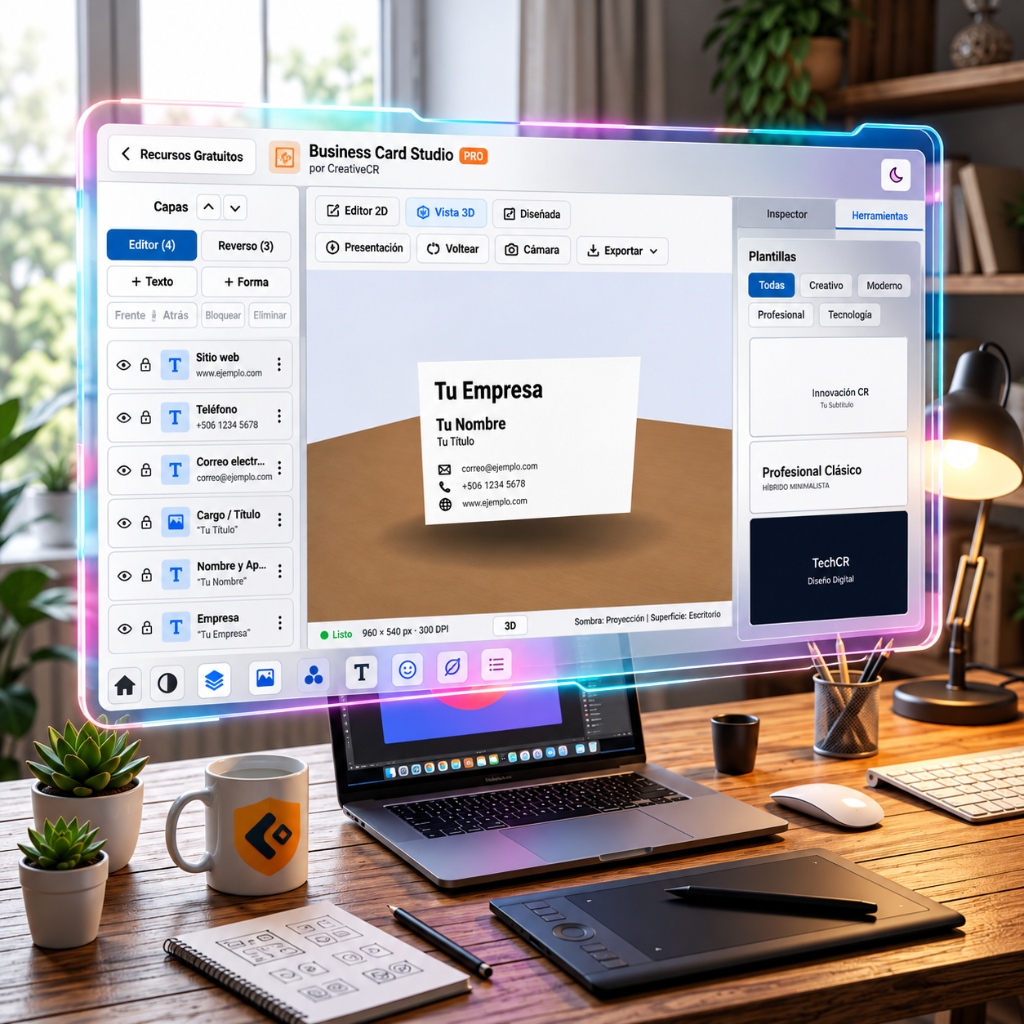 Business Card Studio PRO en acción — el estudio flotando sobre un escritorio de diseño