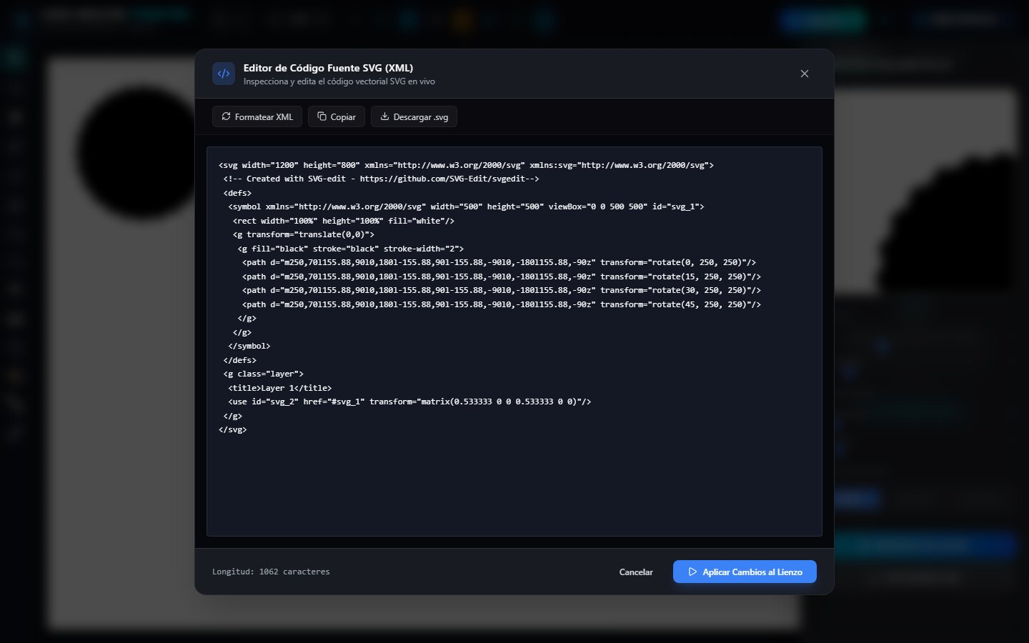 Editor de código fuente SVG de Logo Creator Studio PRO: XML del documento con opciones de formatear, copiar y aplicar cambios