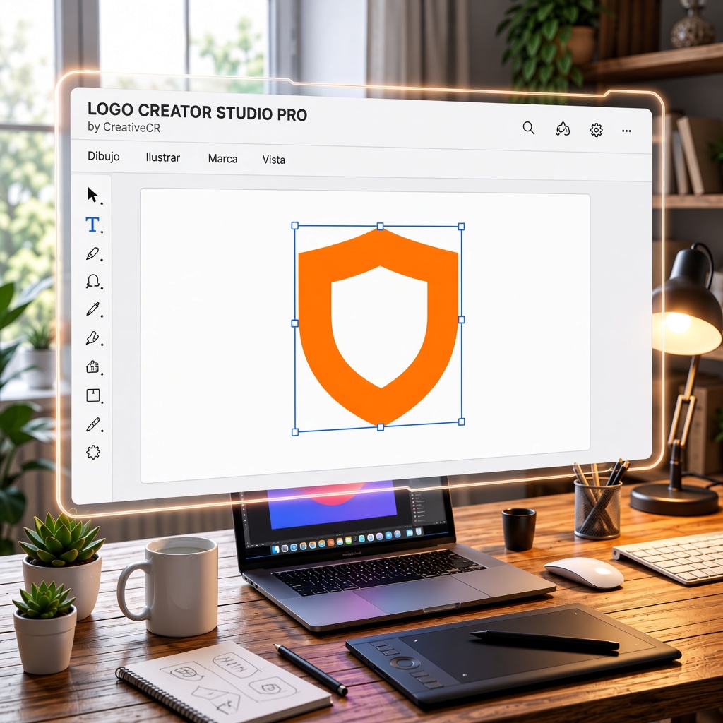 Logo Creator Studio PRO en el escritorio de diseño — el estudio flotando sobre el laptop, con el escudo naranja en el lienzo