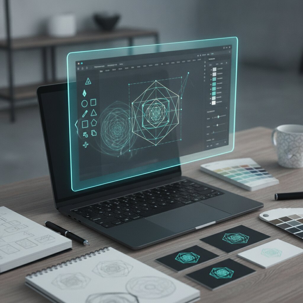 Logo Creator Studio PRO en acción — editor vectorial holográfico con isotipo geométrico y guías de proporción áurea sobre un escritorio de diseño