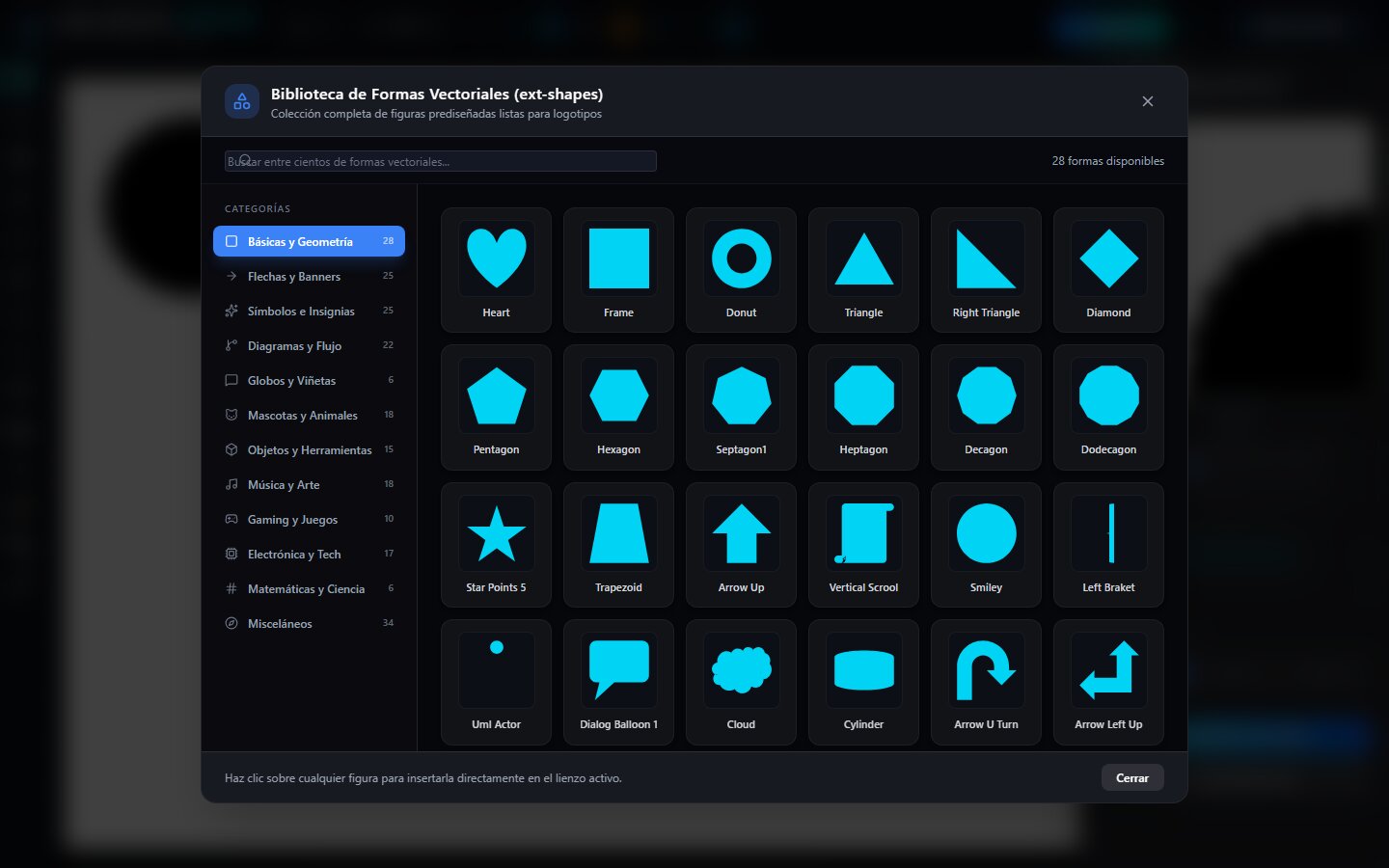 Biblioteca de Formas Vectoriales de Logo Creator Studio PRO: 12 categorías, buscador y grid de figuras prediseñadas