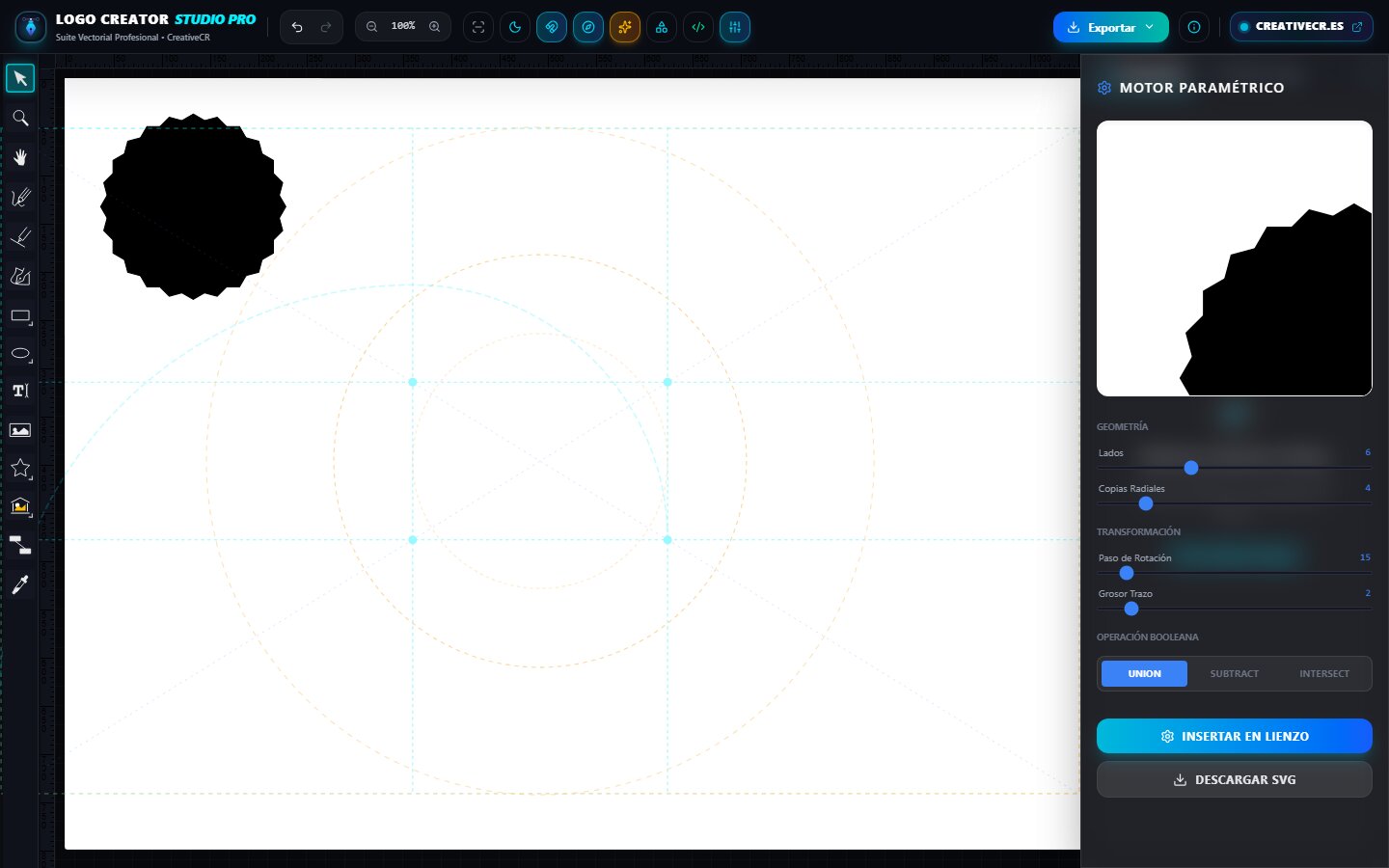 Guías de proporción áurea sobre el lienzo de Logo Creator Studio PRO: círculos de construcción y diagonales con un isotipo