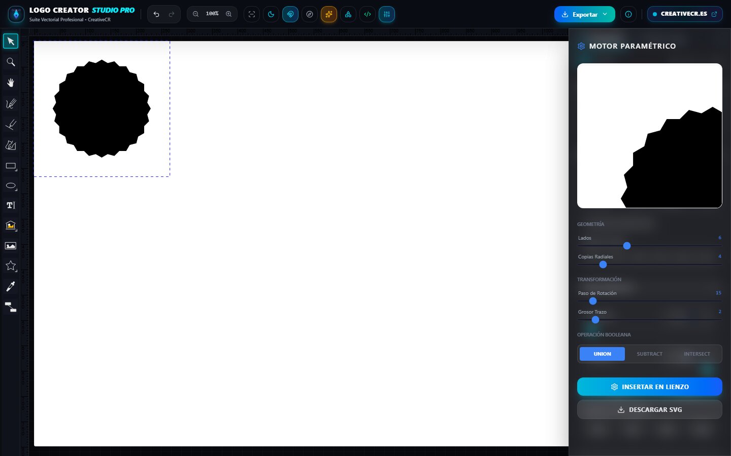 Logo Creator Studio PRO: interfaz real del editor — lienzo vectorial con isotipo generado, reglas y panel Motor Paramétrico